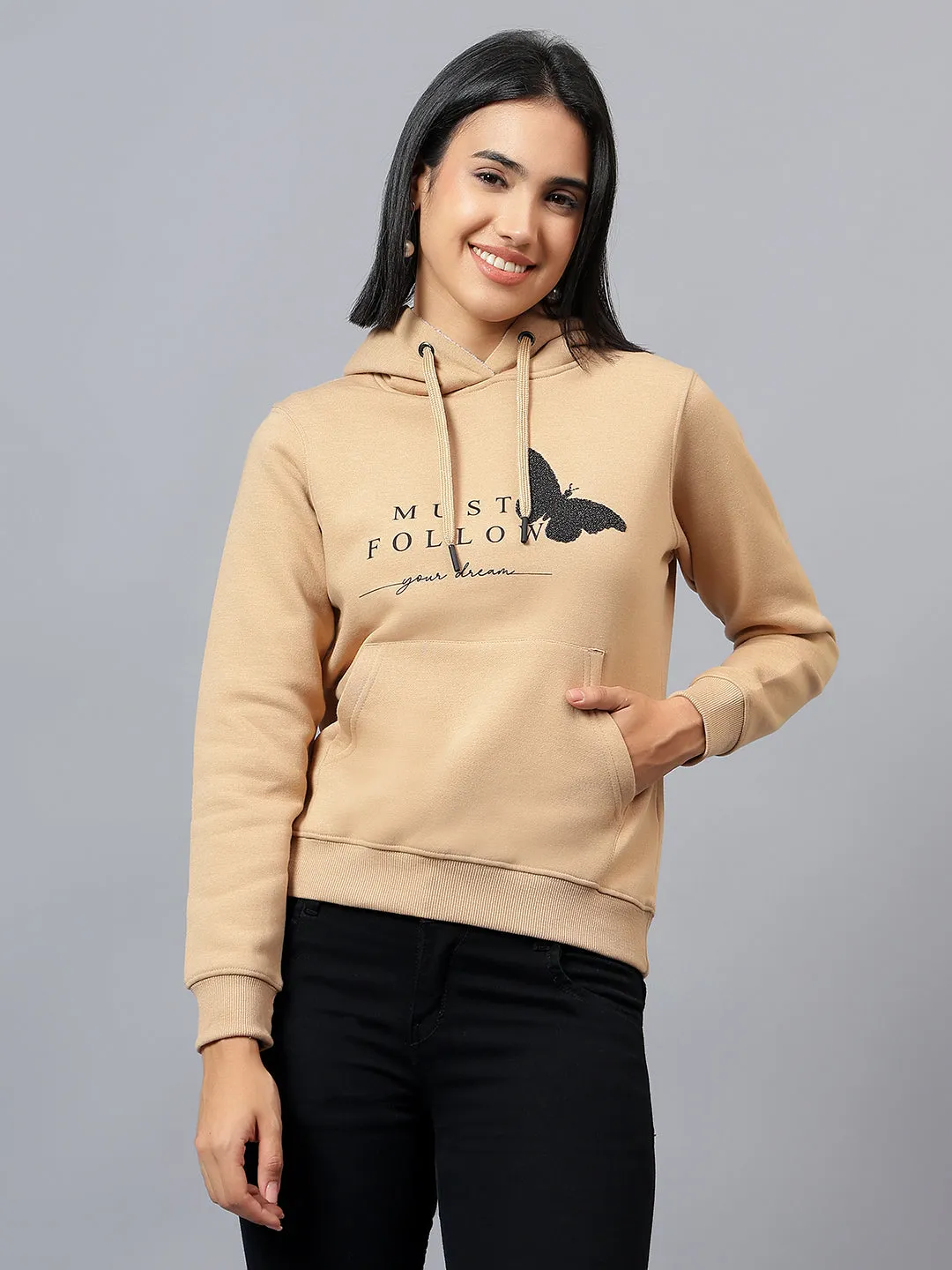 Women's Khaki Printed Hooded Sweatshirt