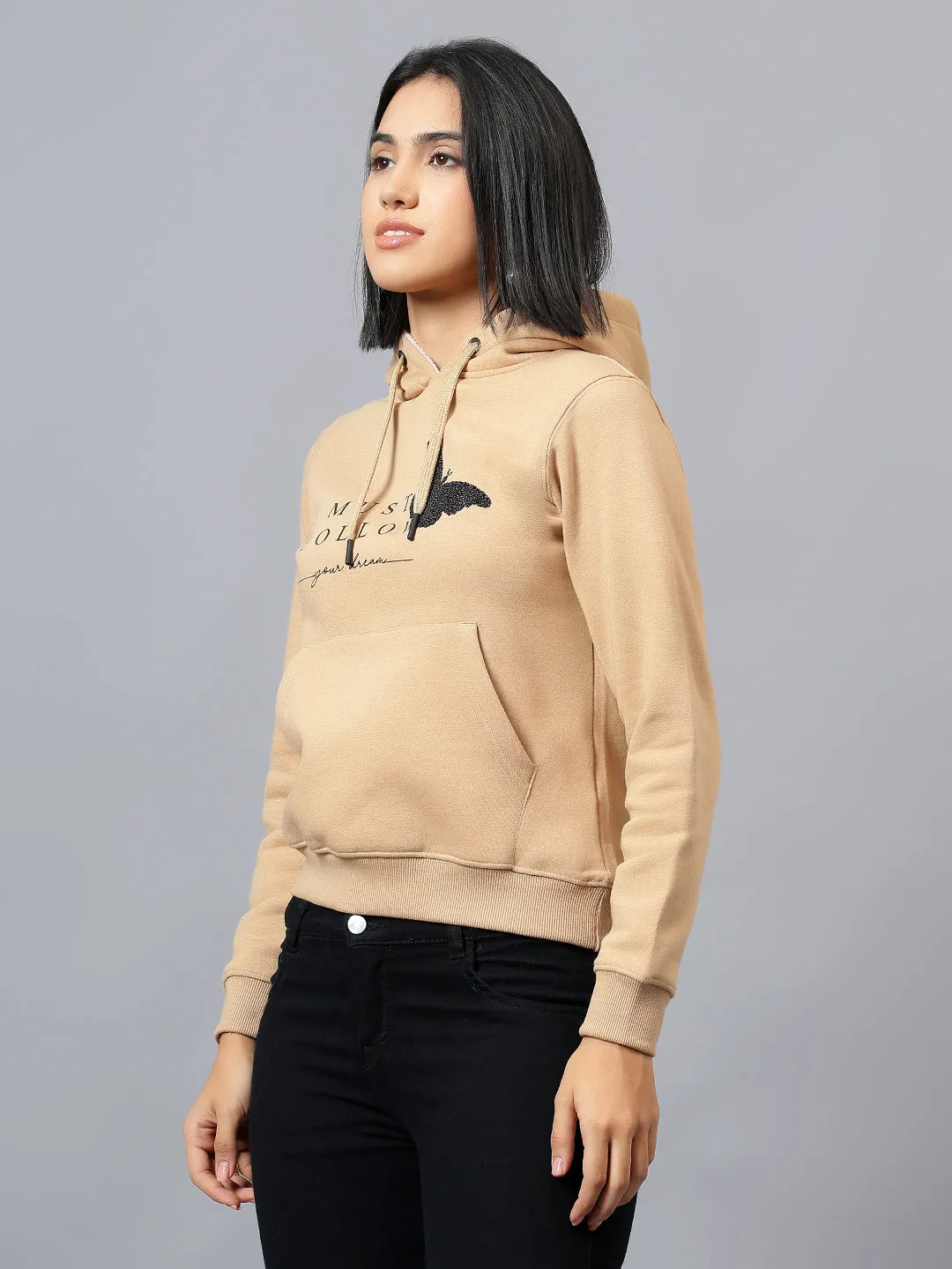 Women's Khaki Printed Hooded Sweatshirt