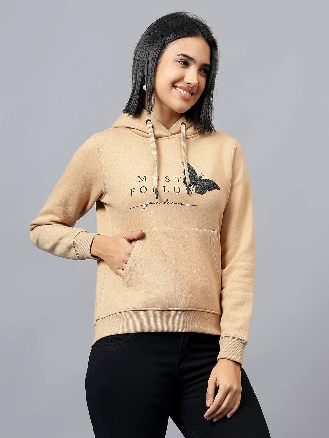 Women's Khaki Printed Hooded Sweatshirt