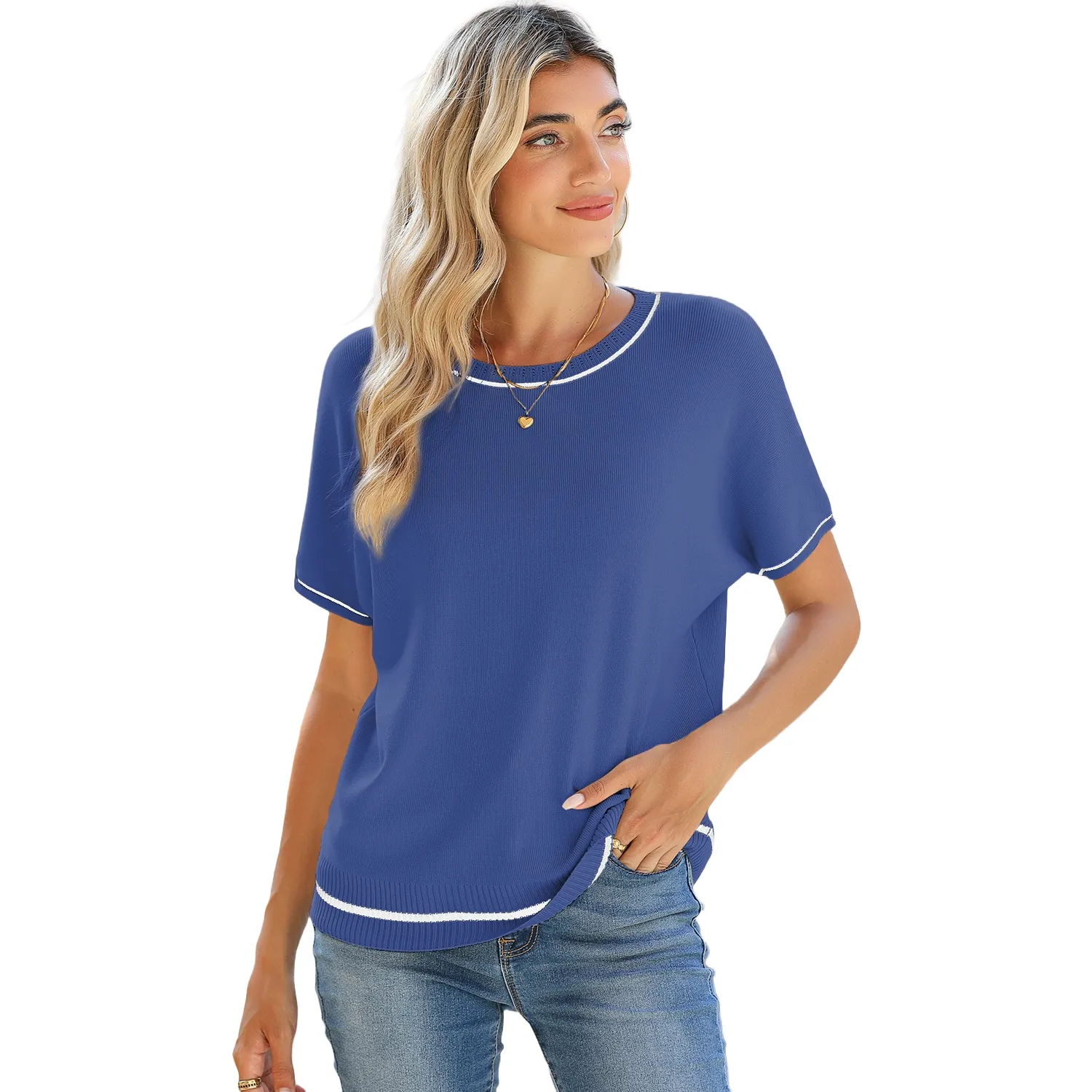 Women's Soft Knit Summer Tops - Crewneck Lightweight Short Sleeve Shirts-Blue