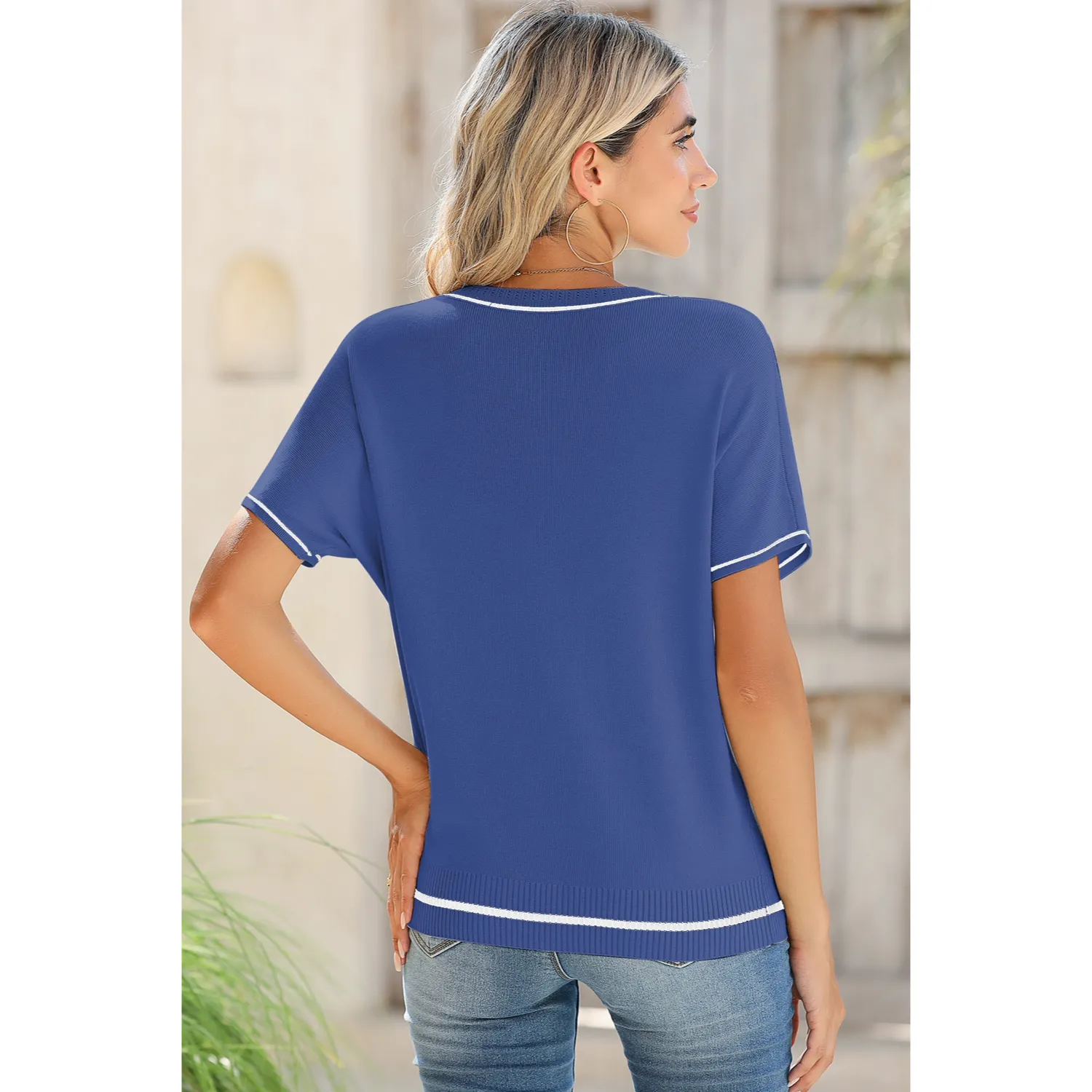 Women's Soft Knit Summer Tops - Crewneck Lightweight Short Sleeve Shirts-Blue